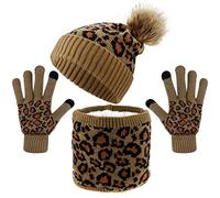Pistha 3 Pcs Leopard Print Winter Hat Gloves Scraf with Knit Plush Lined Set for Women and Teenagers, Coffee, One Size