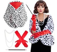 Pistha Women Halloween Dalmatian Costume, Black White Cruel Dalmatian Shawl Scarf Stole, 1920s Red Glove, Faux Pearls Necklace for Adult