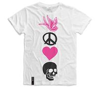 Pistol Boutique Mens White Rolled Sleeve Fitted Crew Neck Heart Skull Swallow Peace Logos Fashion T-Shirt (as8, Alpha, m, Regular, Regular)