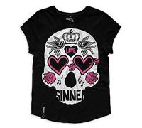 Pistol Boutique Women's Swallows Love Hearts Candy Skull Logos Casual Rolled Sleeve Black Crew Neck Fashion T-Shirt