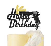 Pistol Shooting Birthday Party Cake Decoration, Gun Happy Birthday Cake Topper, Top Gun Cake Topper, Hunter Camping Themed Birthday Party Supplies Black Glitter