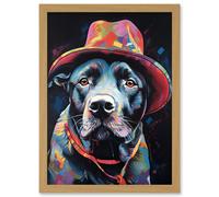 Pit Bull Terrier Dog Red Cowboy Hat Portrait Artwork Framed Wall Art Print A4 Artery8 Light Oak One Size