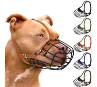 Pitbull Dog Muzzle Breathable Metal Basket for Large Dogs Amstaff Staffordshire Terrier Secure Wire Mask Adjustable Durable Leather Straps Biting Chewing Barking (Brown)