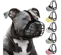 Pitbull Dog Muzzle Breathable Metal Basket for Large Dogs Amstaff Staffordshire Terrier Secure Wire Mask Adjustable Durable Leather Straps Biting Chewing Barking (Black)
