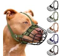 Pitbull Dog Muzzle Breathable Metal Basket for Large Dogs Amstaff Staffordshire Terrier Secure Wire Mask Adjustable Durable Leather Straps Biting Chewing Barking (Olive)