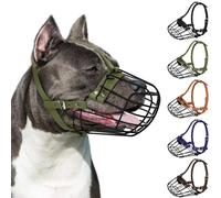 Pitbull Dog Muzzle Breathable Metal Basket for Large Dogs Amstaff Staffordshire Terrier Secure Wire Mask Adjustable Durable Leather Straps Biting Chewing Barking (Olive)