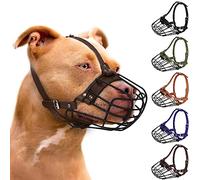 Pitbull Dog Muzzle Breathable Metal Basket for Large Dogs Amstaff Staffordshire Terrier Secure Wire Mask Adjustable Durable Leather Straps Biting Chewing Barking (Dark Brown)