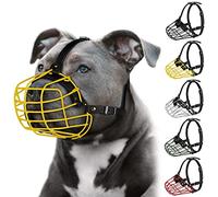 Pitbull Dog Muzzle Metal Mask Amstaff Secure Wire Basket Adjustable Durable Leather Straps for Large Dogs (Yellow)