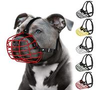 Pitbull Dog Muzzle Metal Mask Amstaff Secure Wire Basket Adjustable Durable Leather Straps for Large Dogs (Red)