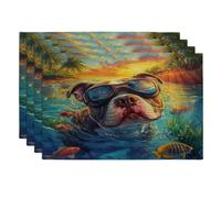 Pitbull Dog Placemats Set of 4, 12''x18'', Funny Coastal Beach Ocean 4Pcs Print Washable Table Mats for Dinning, Pet Holiday Home Kitchen Decor