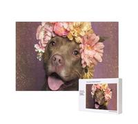 Pitbull With Pink Flowers,300 Pieces Wooden Jigsaw Family Game Jigsaw Puzzles for Adults Teens Home Decor