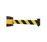 Pittman 16 Foot QChamp WallTough Plus Wall Mounted Retractable Extra Long Belt Barrier with Yellow/Black Hazard Diagonal Stripe Banner and Integrated Brake, Steel Case, Crowd Control Safety (751752)