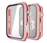 Piuellia 2 Pack Hard Case with Tempered Glass Screen Protector for Apple Watch SE3/SE2/SE/Series 6/Series 5/Series 4 (40mm), Ultra-Thin PC Protective Cover for iWatch, 1 Rose Pink + 1 Transparent