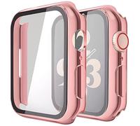 Piuellia 2 Pack Hard Case with Tempered Glass Screen Protector for Apple Watch Series 9 Series 8 Series 7 45mm, Ultra-Thin Overall PC Protective Cover for iWatch, 1 Rose Pink + 1 Transparent