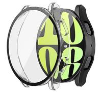 Piuellia 2-Pack Hard PC Protective Case with Tempered Glass Compatible with Samsung Galaxy Watch 6 44mm, All Around Cover with Screen Protector for Galaxy Watch6, 1 Black + 1 Transparent