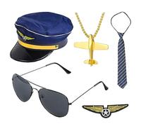 PIUMOJ Captain Pilot Costume Kit, Pilot Captain Accessories, Airline Pilot Captain Costume Kit, Pilot Captain Costume Accessories, Pilot Dress up Set with Hat, Tie, Badge, Sunglasses, Necklace