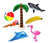 PIUMOJ Inflatable Palm Tree Toy Set, Inflatable Palm Trees, Inflatable Flamingos, Parrot, Bananana, Beach Balls, Toy for Summer, Swimming Pool, Hawaii, Decoration, Theme Party, 7 Pieces