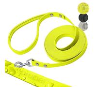 PiuPet 10m Waterproof Dog Training Lead - Long Dragline for Large Dogs | Neon yellow PVC long line leash; tear-resistant material with 360 degree swivel hook and hand loop for puppy training.