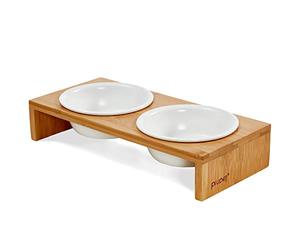 PiuPet® 2pcs Elevated Cat Feeding Bowls for Cats & Small Dogs - 250ml Capacity, Modern White Stoneware & Bamboo Stand - Cat Food & Water Bowl Set