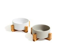 PiuPet 2x 850ml Ceramic Dog & Cat Bowls - Elevated Non-Slip Bamboo Stand