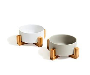 PiuPet 2x 850ml Ceramic Dog & Cat Bowls - Elevated Non-Slip Bamboo Stand