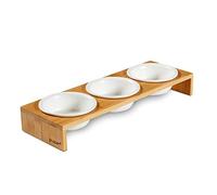 PiuPet 3x Elevated Cat Bowls - Set of Ceramic Dishes with Bamboo Stand