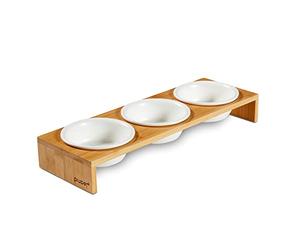 PiuPet 3x Elevated Cat Bowls - Set of Ceramic Dishes with Bamboo Stand