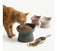 PiuPet Raised Cat Bowl, 15 Tilt Ergonomic Food Bowl for Anti Vomit, Grey | Whisker friendly 150ml bamboo fiber bowl for wet and dry food. Non-slip, dishwasher safe, and back-friendly feeding station.