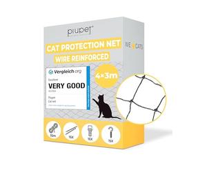 PiuPet Wire-Reinforced Cat Net - 4x3m Black Balcony Netting for Cats | Tear-resistant catio safety net with 3x3cm mesh. Includes 15m rope, hooks, and dowels for window or fence mounting.