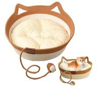 PIUpiuLIANG Cat Beds for Indoor Cats, 2-in-1 Cotton Rope Woven Cat Baskets Bed with Toy Tail, Scratch-proof Kitten Bed with Soft Cushion, Wicker Basket with Car Ear Handle for under 2kg Cats, S