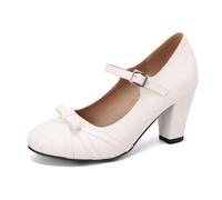 PIVAPAM Women's Mary Jane Platform Chunky High Block Heels Chic Bow Cute Cosplay Kawaii Dresses Round Toe Ankle Strap Shoes, White, 7 UK