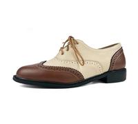 PIVAPAM Womens Oxfords Black and White Wingtip Chunky Heeled Patent Leather Vintage Brogue Lace Up Two Tone Saddle Shoes, Brown-apricot, 6 UK