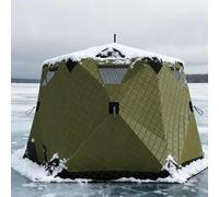 PixCy Ice Fishing Shelter with Stove Jack and Winter Fishing Mat,Portable Ice Fishing Tent 420D Insulated Layer Ice Shanty Hexagon Ice Huts (260X260X170cm),for 6 to 10 Persons Green