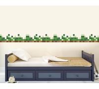 Pixel Art Grass Border Sticker, Retro Gaming Decorative Stripes, Green-Brown Earth Block Sticker, 2 m x 15 cm Wallpaper Edge