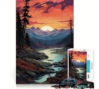 Pixel Art Mountain River Sunset Landscape Hard Jigsaw Puzzle for Adults 1000 Pieces Reason Skill Toy Family Time Tight Cut Art Collectible (38x26cm)