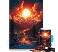 Pixel Art Mountain Town Sunset Puzzle for Teenagers 1000 Pieces Smart Reason Toy Stress Release Sharp Edge Birthday Gift (50x75cm)