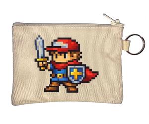 Pixel Art Sword and Shield Character Key Chain Coin Purse Beige