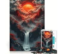 Pixel Art Waterfall Landscape with Red Moon Jigsaw Puzzle 1000 Piece for Teenagers Reason Skill Toy Relaxing Fun Exact Cut (38x26cm)