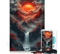 Pixel Art Waterfall Landscape with Red Moon Jigsaw Puzzles for Teenagers 1000 Piece Boost Memory Serene Time Premium Cut Birthday Gift (50x75cm)