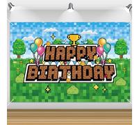 Pixel Birthday Backdrop, 59.06x39.37in/150x100cm Polyester Happy Birthday Backdrop Large Pixel Banner for Photo Background Mining Theme Party Wall Decoration
