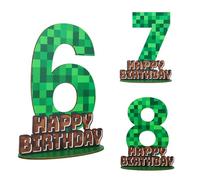 Pixel Birthday Number Sign Centerpiece, Green and Brown Wooden Table Decor with Base Creative Pixel Theme Party Birthday Party Decorations (Number 6)