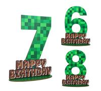 Pixel Birthday Number Sign Centerpiece, Green and Brown Wooden Table Decor with Base Creative Pixel Theme Party Birthday Party Decorations (Number 7)