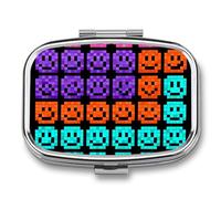 Pixel Color Happy Face Pill Box Travel Pill Organizer 2-Compartment with Mirror Design Portable Square Medicine Case for Vitamins, Jewelry & Essentials Durable Pocket Pillcase for Purse, Camping