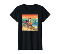 Pixel Dog on Roller Coaster, Retro Happy Husky Beach Sunset Value Graphic T-Shirt, Women, Black, M