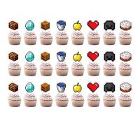 Pixel Game Cupcake Toppers (24 Pack) - Video Game Party Decorations for Kids, Mining Birthday Cake Picks, Pixelated Gamer Theme Supplies for Boys & Girls Birthday Party