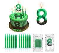 Pixel Game Happy 8th Birthday Candles,Number 8 Candle with 12 Pieces Long Thin Green Candles,Pixel Cartoon Gaming Theme Birthday Candle for Wedding Baby Shower Video Game Party