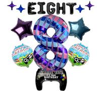 Pixel Gamer Video Game 15 Pcs Balloon Set, 40 Inch Number 8 Level Up Block Style 8th Birthday Party Decorations for Boys