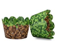 Pixel Grass Themed Cupcake Wrappers for Boys Birthday Parties, Vintage 8-Bit Birthday Party. Set of 24 Reversible Engineer builder Grass and Green Pixel Cup Cake Holder Wraps. Green, Brown
