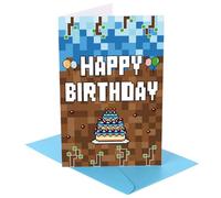 Pixel Happy Birthday Card Set, 8.5x5.3in Video Game Birthday Greeting Card with Envelope and Sticker Funny Building Game Theme Party Favor Decor for Boys Girls Kids Teens Gamer Gift Supplies