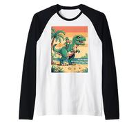 Pixel Leprechaun T Rex Beach Retro 8 Bit Sunset Art Raglan Baseball Tee